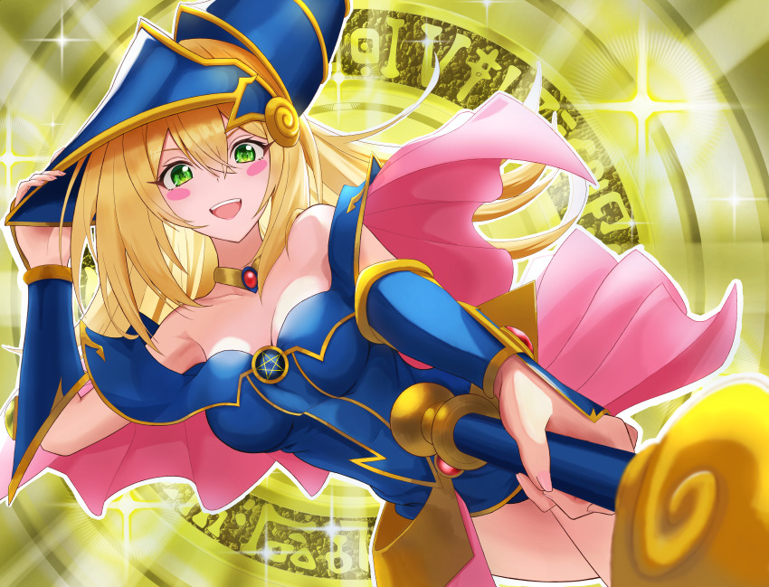 1girl, absurdres, blonde_hair, blush, breasts, cane, collarbone, dark_magician_girl