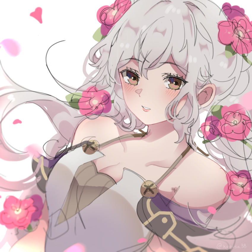 1girl, ahoge, armpit_crease, arms_at_sides, bare_shoulders, breasts, capelet, collarbone