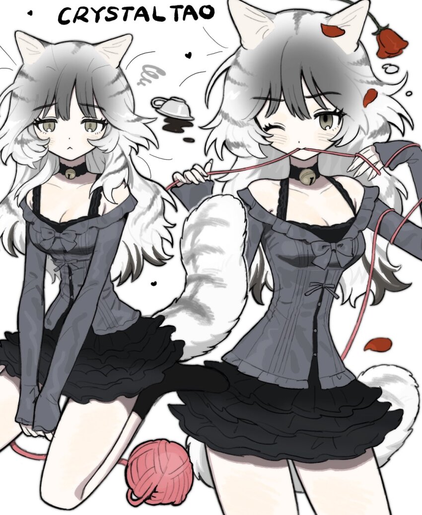 1girl, animal_ears, between_legs, black_dress, cat_ears, cat_girl, cat_tail, commentary