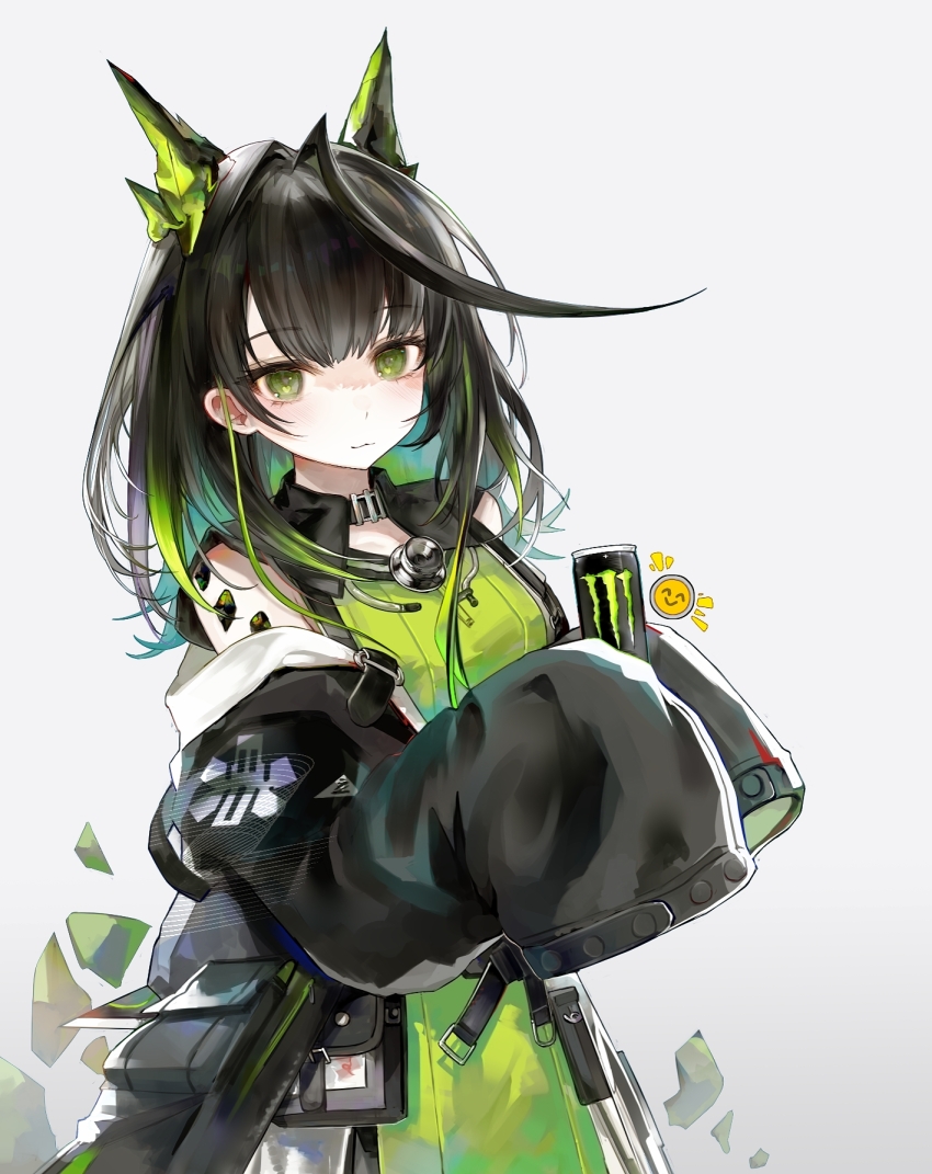 1girl, :3, ahoge, animal_ears, arknights, black_hair, black_jacket, can