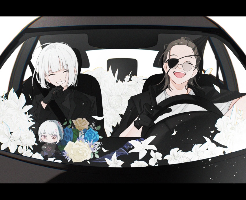 1boy, 1girl, absurdres, ahoge, black_gloves, black_jacket, blush, brown_hair