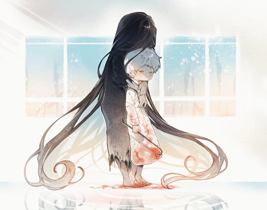 1boy, 1girl, black_hair, black_kimono, blood, blood_on_clothes, blood_on_ground, blood_on_hands