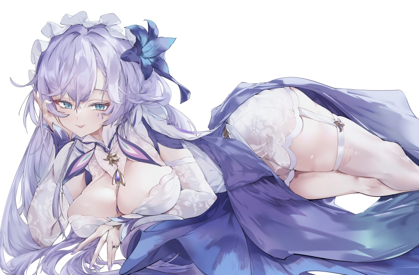 1girl, :p, absurdres, blue_eyes, blue_flower, breasts, cantarella_(wuthering_waves), commentary