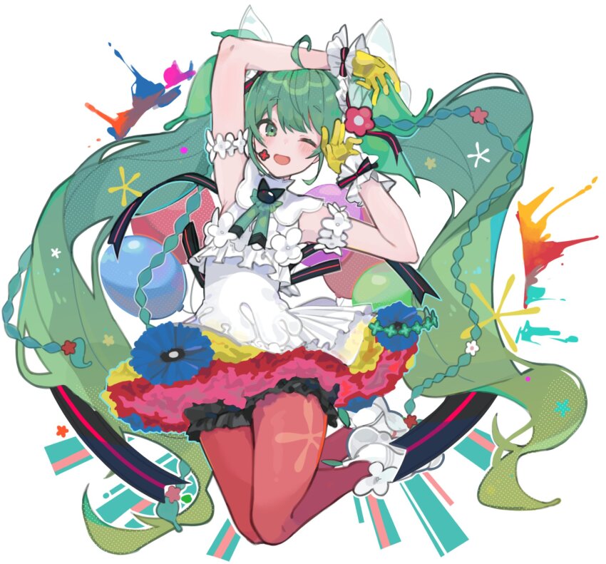 1girl, ;d, aqau_hair, aqua_eyes, balloon, blue_flower, blush, commentary_request, dress, flower, gloves, gradient_hair, green_eyes, hatsune_miku, hatsune_miku_japan_tour_2025_~blooming~, headset, highres, koutya_cat, layered_dress, long_hair, looking_at_viewer, multicolored_hair, one_eye_closed, open_mouth, pantyhose, red_pantyhose, smile, solo, twintails, very_long_hair, vocaloid, yellow_gloves
