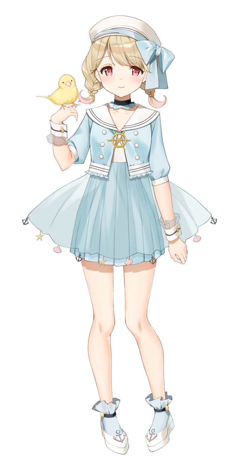 1girl, absurdres, bird, bird_on_hand, blonde_hair, blue_skirt, blue_socks, braid