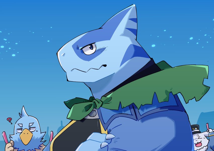 >_<, 1girl, 2boys, ?, araba_(shangri-la_frontier), bara, bird_boy, black_shirt, blue_eyes, blue_sky, claws, closed_mouth, emul_(shangri-la_frontier), from_side, furry, furry_female, furry_male, glowstick, highres, inakamichi, multiple_boys, outdoors, shangri-la_frontier, shark_boy, shirt, sky, sunraku_(shangri-la_frontier)