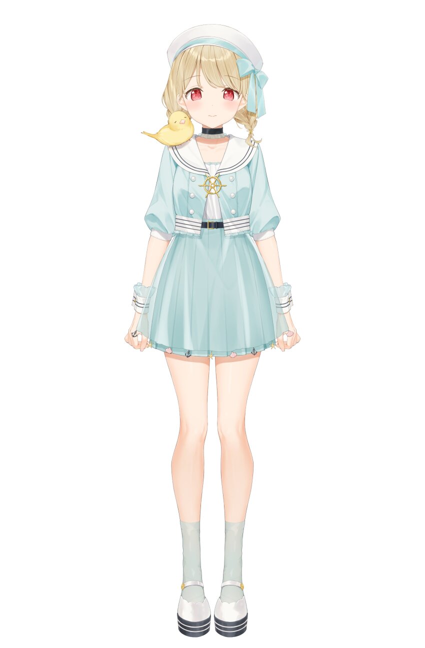 1girl, absurdres, animal, animal_on_shoulder, bird, bird_on_shoulder, blonde_hair, blue_skirt, blue_socks, braid, buttons, choker, collarbone, double-breasted, full_body, hat, highres, kinako_(shiratama_mochi), kogara_toto, kogara_toto_(1st_costume), layered_skirt, lupinus_virtual_games, mary_janes, official_art, parted_bangs, platform_shoes, pleated_skirt, puffy_short_sleeves, puffy_sleeves, red_eyes, sailor_collar, sailor_hat, sailor_shirt, second-party_source, see-through_skirt_layer, shirt, shoes, short_sleeves, simple_background, skirt, socks, solo, twin_braids, virtual_youtuber, vspo!, white_background, white_hat, white_shoes, wrist_cuffs, yellow_bird