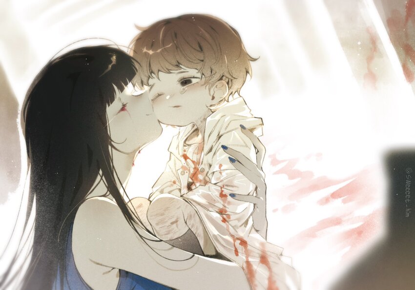 2girls, aged_down, black_hair, blood, blood_on_clothes, bloody_tears, blue_nails, brown_hair, carrying, carrying_person, child, child_carry, commentary, english_commentary, adashino_adami, highres, homicipher, indoors, kiss, kissing_cheek, long_hair, ms._blue-clad, multiple_girls, one_eye_closed, raincoat, short_hair, sweeeet_him, tearing_up, white_raincoat