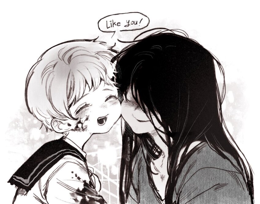 1boy, 1girl, blood, blood_on_clothes, blood_on_face, closed_eyes, commentary_request, english_text, greyscale, adashino_adami, hetero, highres, homicipher, japanese_clothes, kimono, korean_commentary, long_hair, monochrome, mr._crawling, school_uniform, serafuku, short_hair, sweeeet_him, upper_body, white_background