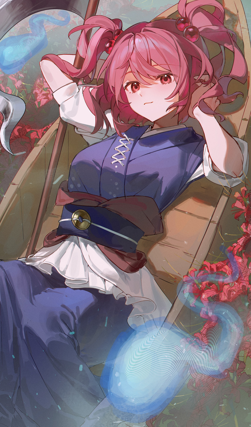 1girl, absurdres, blue_kimono, boat, chinese_commentary, commentary, ender_xiaohai, flower