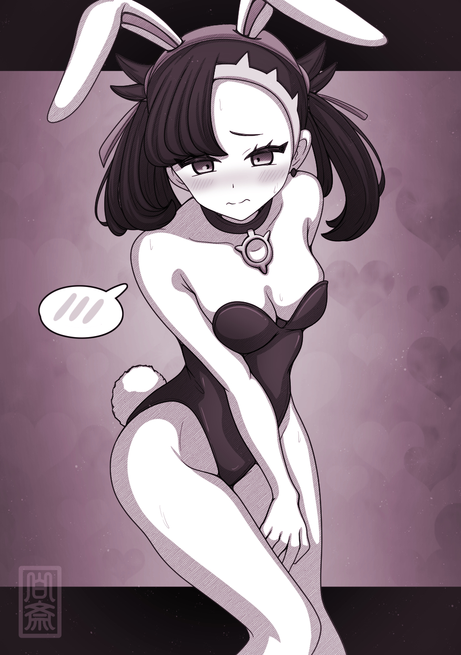 1girl, animal_ear_hairband, animal_ears, arm_behind_back, asymmetrical_bangs, bare_shoulders, black_leotard, blush, breasts, choker, cleavage, closed_mouth, earrings, fake_animal_ears, hairband, hakusai_(user_nkkd7242), highres, jewelry, leotard, looking_at_viewer, marnie_(pokemon), monochrome, nintendo, partially_colored, playboy_bunny, pokemon, pokemon_sword_and_shield, rabbit_ear_hairband, rabbit_ears, rabbit_tail, raised_eyebrows, single_earring, solo, spoken_blush, tail, twintails, undercut, wavy_mouth