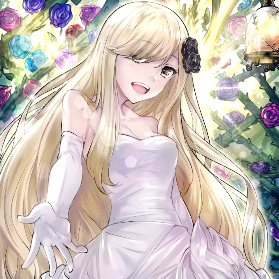 1girl, bare_shoulders, black_eyes, black_flower, black_rose, blonde_hair, blue_flower, blue_rose, blush, breasts, cleavage, collarbone, dress, duel_monster, elbow_gloves, flower, garden_rose_maiden, gloves, hair_flower, hair_ornament, hair_over_one_eye, kalian, long_hair, medium_breasts, open_mouth, plant, purple_flower, purple_rose, reaching, reaching_towards_viewer, red_flower, red_rose, rose, smile, solo, upper_body, very_long_hair, vines, white_dress, white_gloves, yu-gi-oh!
