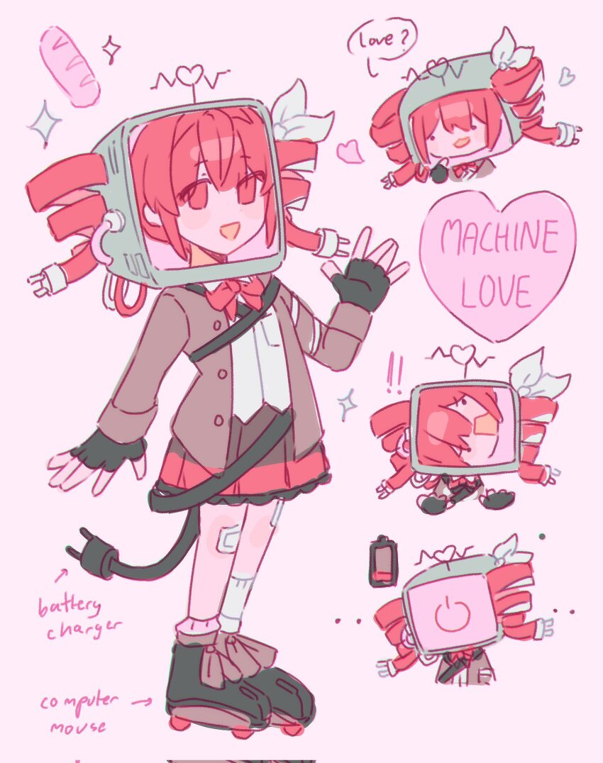 1girl, black_gloves, black_shoes, bow, brown_skirt, cable, cable_hair, cable_tail