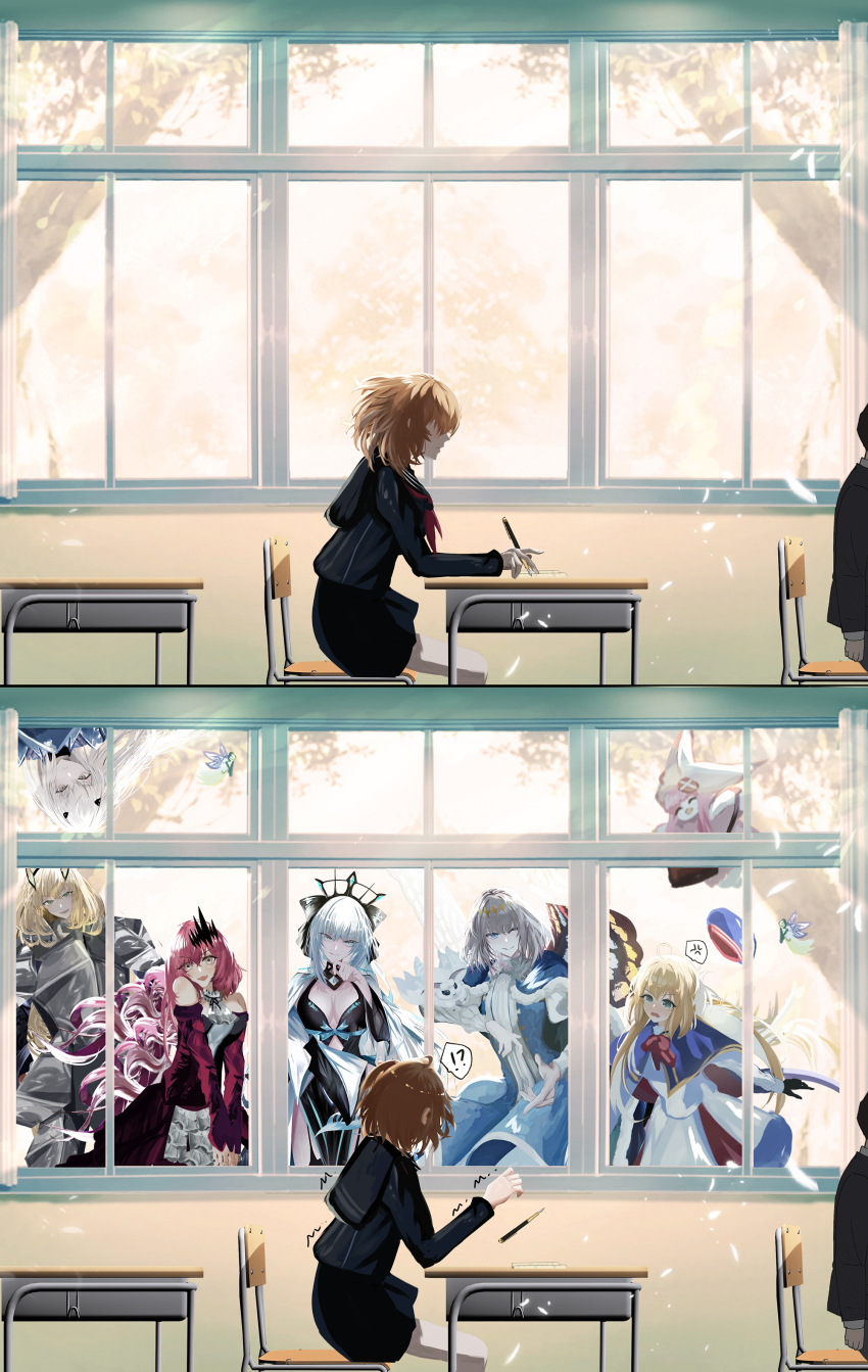 !?, 1boy, 6+girls, absurdres, antinese, armor, artoria_caster_(fate), artoria_caster_(second_ascension)_(fate), artoria_pendragon_(fate), baobhan_sith_(fate), baobhan_sith_(first_ascension)_(fate), barghest_(fate), barghest_(first_ascension)_(fate), black_dress, blanca_(fate), blonde_hair, blue_eyes, blue_hat, breasts, closed_eyes, desk, detached_sleeves, dress, fate/grand_order, fate_(series), frilled_dress, frills, fujimaru_ritsuka_(female), green_eyes, grey_eyes, grey_hair, habetrot_(fate), hair_ornament, hand_up, hat, highres, long_hair, melusine_(fate), melusine_(first_ascension)_(fate), morgan_le_fay_(fate), morgan_le_fay_(third_ascension)_(fate), multiple_girls, oberon_(fate), oberon_(first_ascension)_(fate), orange_hair, pink_hair, pink_hat, red_dress, school_desk, school_uniform, shirt, short_hair, sidelocks, sitting, smile, white_dress, white_shirt, wings, yellow_eyes