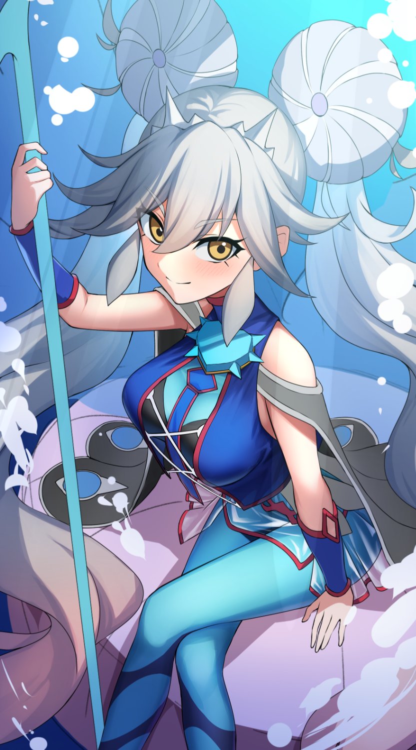 1girl, agibe, ascot, blue_ascot, blue_pantyhose, blush, breasts, closed_mouth