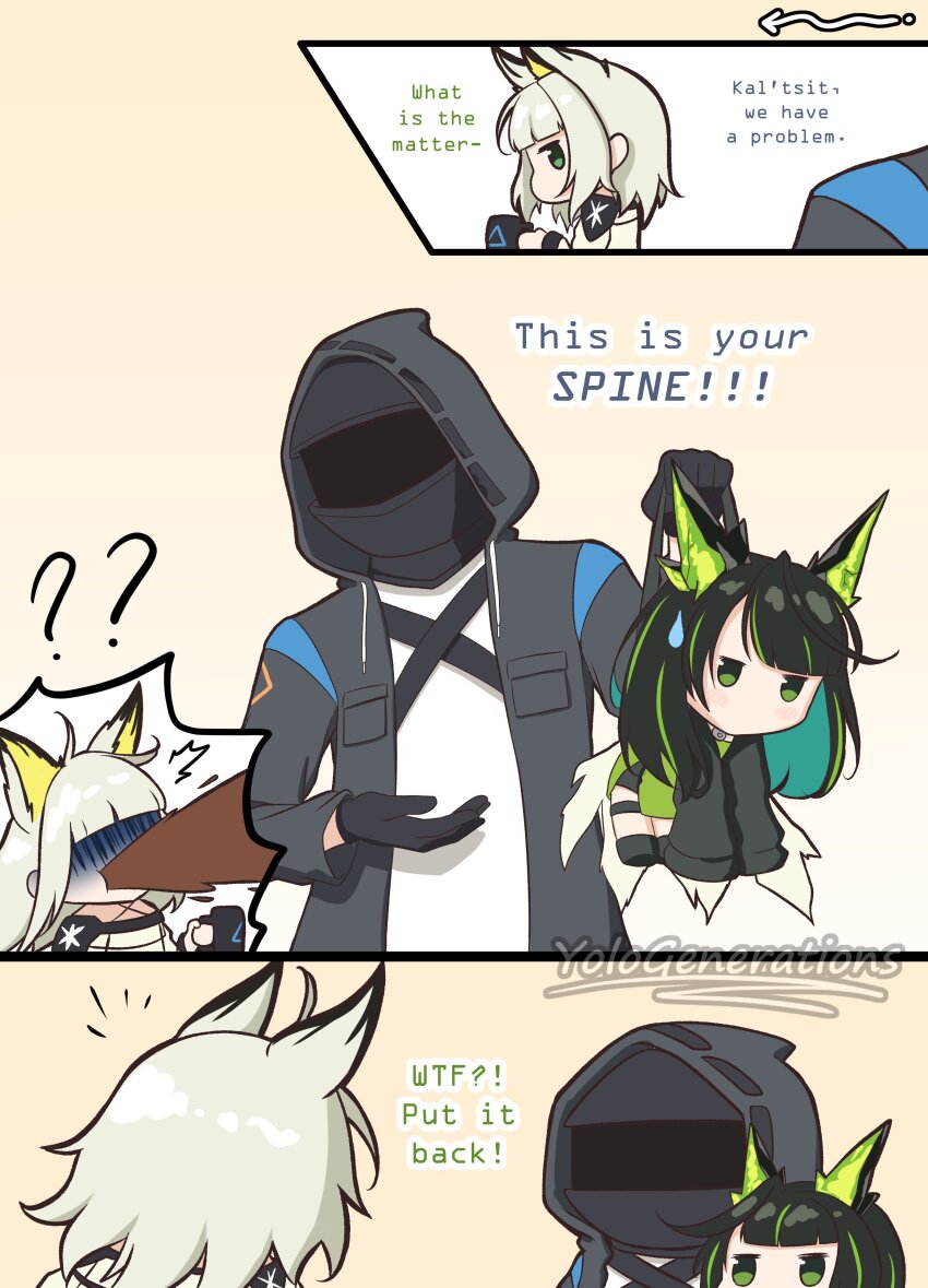 absurdres, animal_ears, arknights, black_hair, cat_ears, cat_girl, chibi, doctor_(arknights)