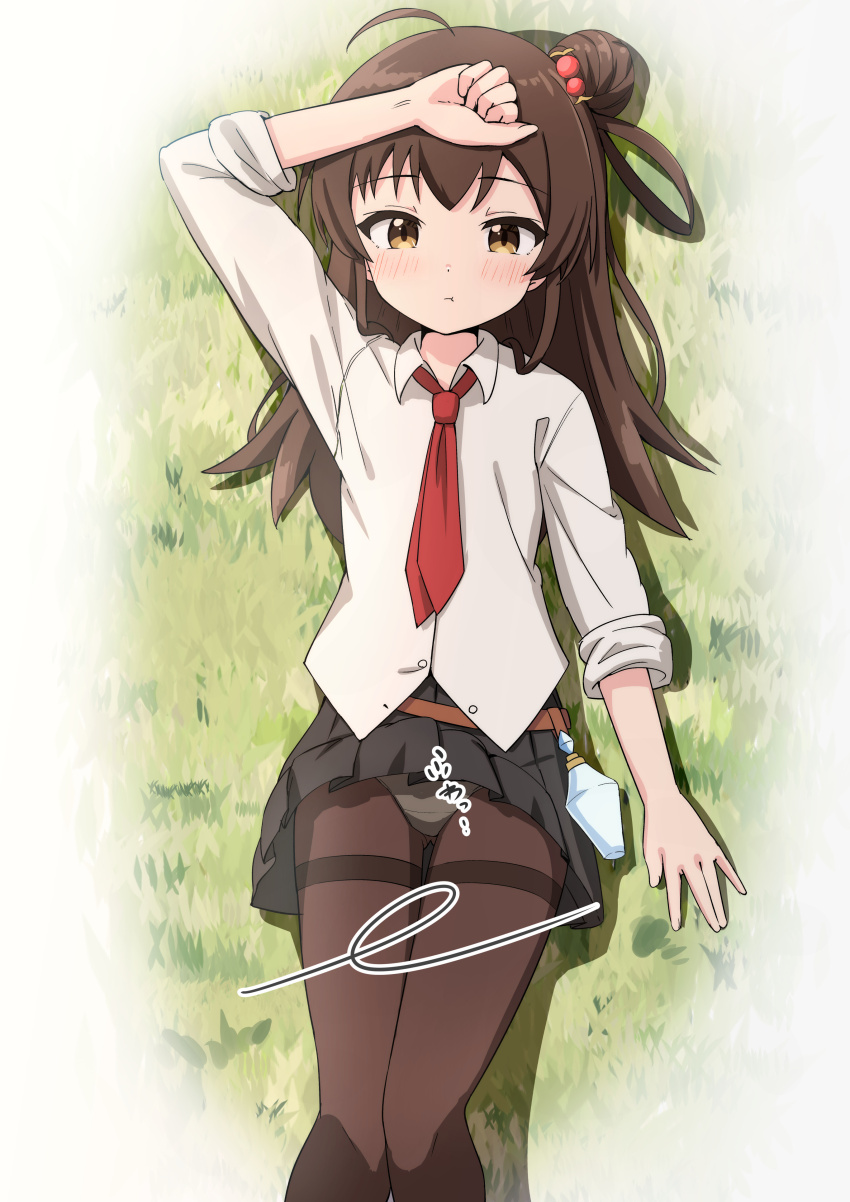 1girl, :t, absurdres, arm_up, aru_majo_ga_shinu_made, black_skirt, blush, brown_eyes, brown_hair, brown_pantyhose, closed_mouth, clothes_lift, collared_shirt, commentary_request, dress_shirt, feet_out_of_frame, gluteal_fold, grass, hair_bobbles, hair_bun, hair_ornament, hair_rings, highres, long_sleeves, looking_at_viewer, lying, meg_raspberry, necktie, on_back, on_ground, panties, panties_under_pantyhose, pantyhose, pleated_skirt, pout, red_necktie, shirt, skirt, skirt_lift, solo, takasuma_hiro, thigh_gap, thighband_pantyhose, underwear, white_panties, white_shirt, wind, wind_lift
