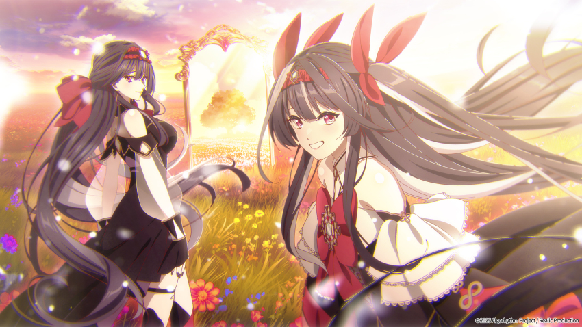 2girls, algorhythm_project, ayna_(algorhythm_project), bare_shoulders, bow, bowtie, breasts, brown_dress