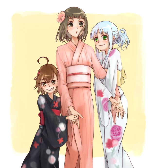3girls, ahoge, black_eyes, black_hair, brown_eyes, brown_hair, flower, green_eyes