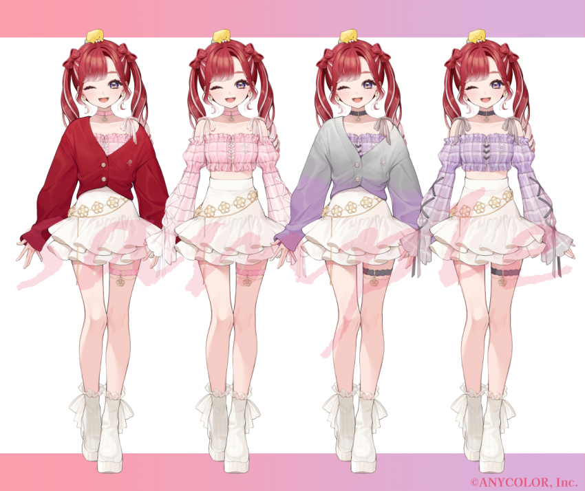 1girl, ;d, blush, boots, bow-shaped_hair, buttons, cardigan, choker