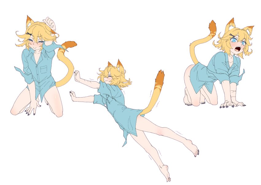 1girl, absurdres, all_fours, animal_ear_fluff, animal_ears, blonde_hair, blush, cat_ears