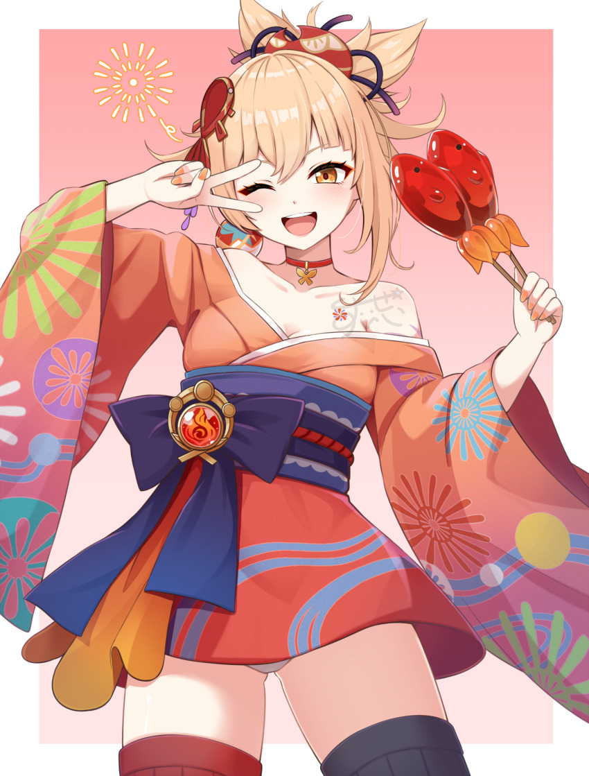 1girl, alternate_costume, black_thighhighs, blonde_hair, blue_sash, border, breasts, chest_tattoo