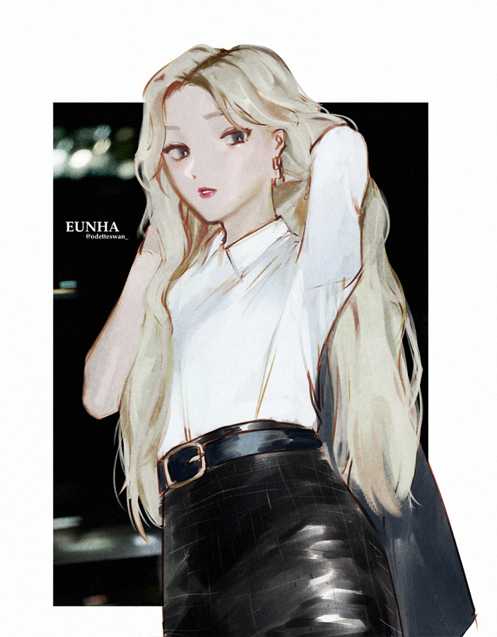 1girl, adirosa, artist_name_(singer), belt, black_skirt, blonde_hair, border, collared_shirt