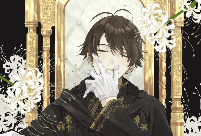 1boy, antenna_hair, brown_hair, cassock, chair, closed_eyes, edwards, expressionless, flower, gloves, hand_on_own_face, head_tilt, kinoshita_sakura, male_focus, short_hair, solo, swept_bangs, tactics, white_flower, white_gloves