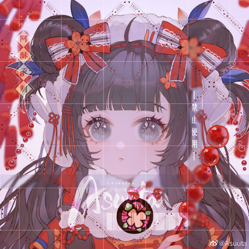 1girl, ahoge, artist_name, asuuta, barcode, blunt_bangs, bow, brown_hair