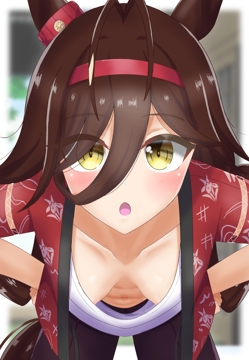 1girl, absurdres, animal_ears, antenna_hair, bent_over, blurry, blurry_background, blush