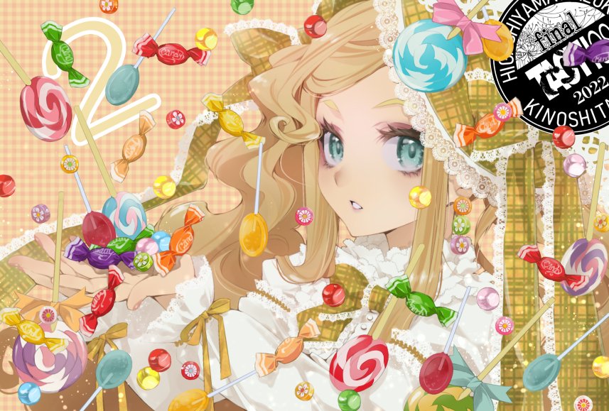 1girl, 2022, :o, alternate_costume, alternate_headwear, aqua_eyes, blonde_hair, bonnet