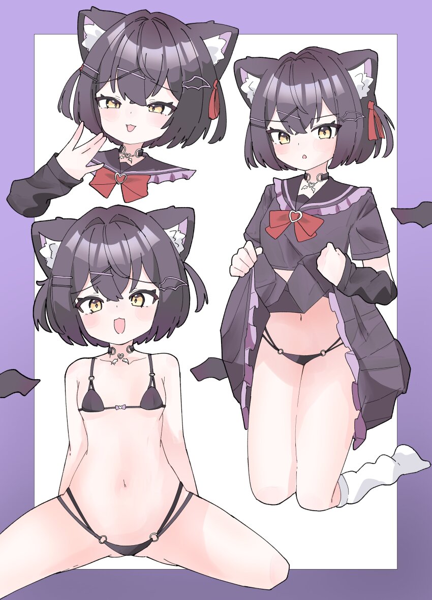 1girl, :3, :d, :p, absurdres, animal_ear_fluff, animal_ears, arm_warmers, bat_wings, bikini, black_bikini, black_choker, black_hair, black_panties, black_sailor_collar, black_serafuku, black_shirt, black_skirt, blush, border, bow, bowtie, breasts, cat_ears, cat_girl, chocolat_(vrchat), choker, clothes_lift, detached_wings, fang, flat_chest, frills, hair_ornament, hair_ribbon, hairclip, hand_to_own_mouth, highres, iyaa_hhhh18, kneehighs, kneeling, leg_warmers, lifting_own_clothes, loli, looking_at_viewer, loose_socks, micro_bikini, mini_wings, multiple_views, navel, no_shoes, o-ring, o-ring_bikini, o-ring_bottom, o-ring_top, open_mouth, outside_border, panties, parted_lips, pleated_skirt, purple_background, purple_skirt, red_bow, red_bowtie, red_ribbon, ribbon, sailor_collar, school_uniform, serafuku, shirt, short_hair, short_sleeves, simple_background, sitting, skin_fang, skirt, skirt_lift, small_breasts, smile, smug, socks, spread_legs, string_bikini, swimsuit, tongue, tongue_out, two_side_up, underwear, vrchat, white_background, white_socks, wings, x_hair_ornament, yellow_eyes