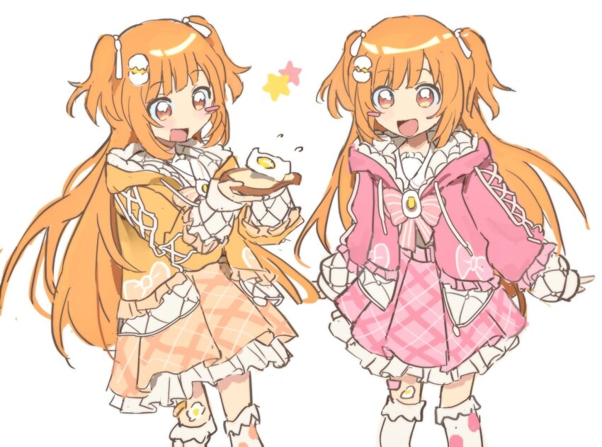 0_scyf, 2girls, :d, bandaid, bandaid_on_leg, blush, blush_stickers, bow