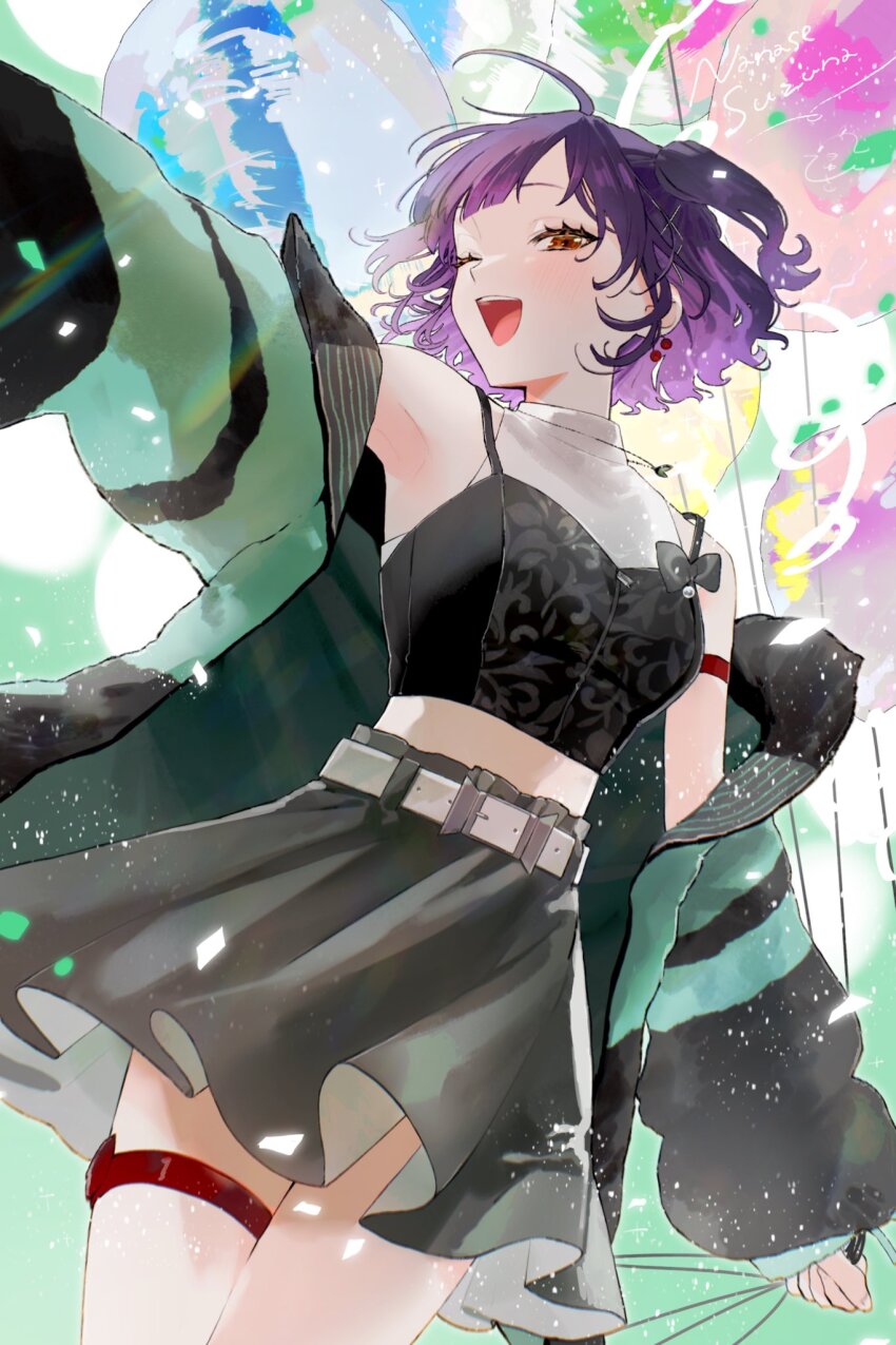 1girl, ;d, ahoge, aqua_jacket, balloon, belt, belt_buckle, black_bow, black_jacket, black_shirt, blunt_bangs, blush, bow, buckle, character_name, cherry_earrings, cowboy_shot, crop_top, earrings, eyelashes, food-themed_earrings, food_themed_earrings, fur_jacket, grey_skirt, hair_ornament, hashtag-only_commentary, highres, holding, holding_balloon, jacket, jewelry, long_sleeves, looking_at_viewer, moyuhisa, multicolored_jacket, nanase_suzuna, nanase_suzuna_(2nd_costume), necklace, nijisanji, off_shoulder, official_alternate_costume, one_eye_closed, open_clothes, open_jacket, open_mouth, orange_eyes, pleated_skirt, puffy_long_sleeves, puffy_sleeves, purple_hair, shirt, short_hair, sidelocks, signature, skirt, sleeveless, sleeveless_shirt, smile, solo, spaghetti_strap, standing, strap_slip, teeth, thigh_strap, turtleneck, two-tone_jacket, two_side_up, upper_teeth_only, virtual_youtuber, wavy_hair, white_belt, white_shirt, x_hair_ornament
