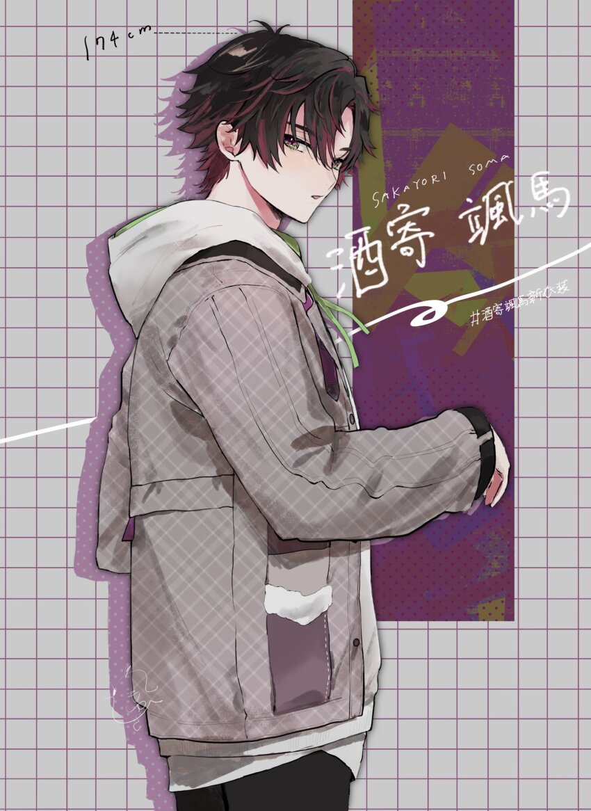1boy, black_hair, black_pants, buttons, character_name, drawstring, drop_shadow, green_eyes