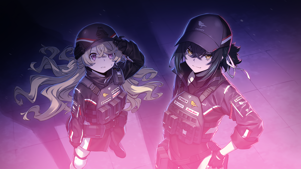 belt, blonde_hair, counter:side, felicette_(counter:side), green_hair, laika_(counter:side), utility_belt, utility_vest