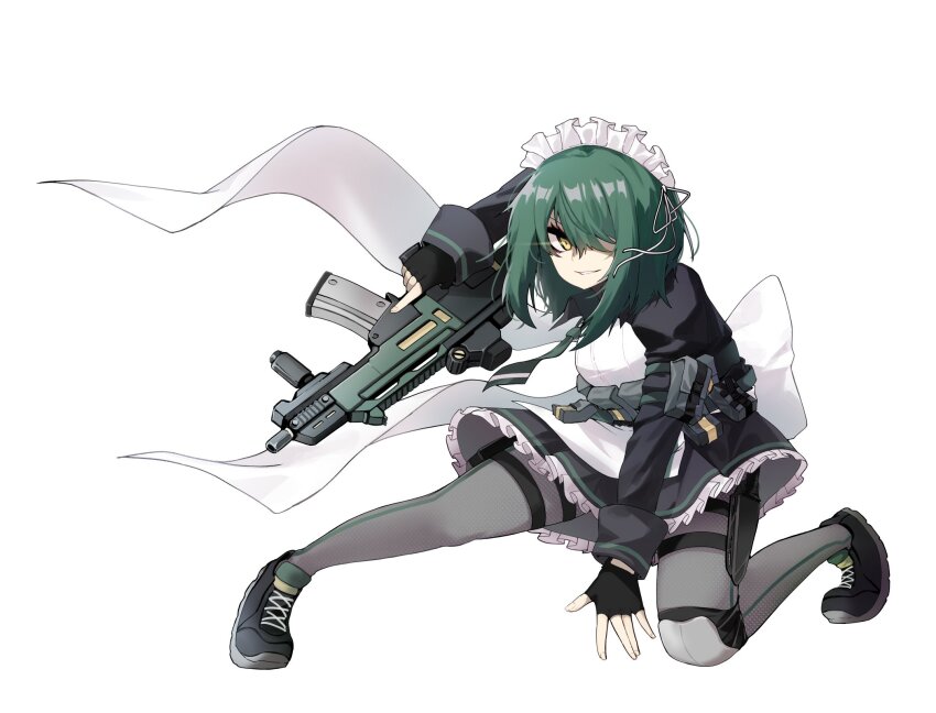 assault_rifle, counter:side, green_hair, gun, highres, knee_pads, laika_(counter:side), maid, rifle, single_knee_pad, smirk, weapon, yellow_eyes, zl100