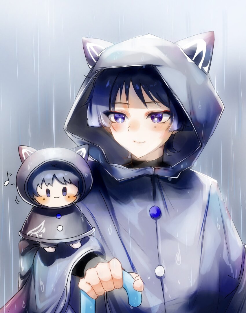 1boy, alternate_costume, animal_ear_hood, animal_ears, black_hood, black_raincoat, black_sleeves, blunt_ends