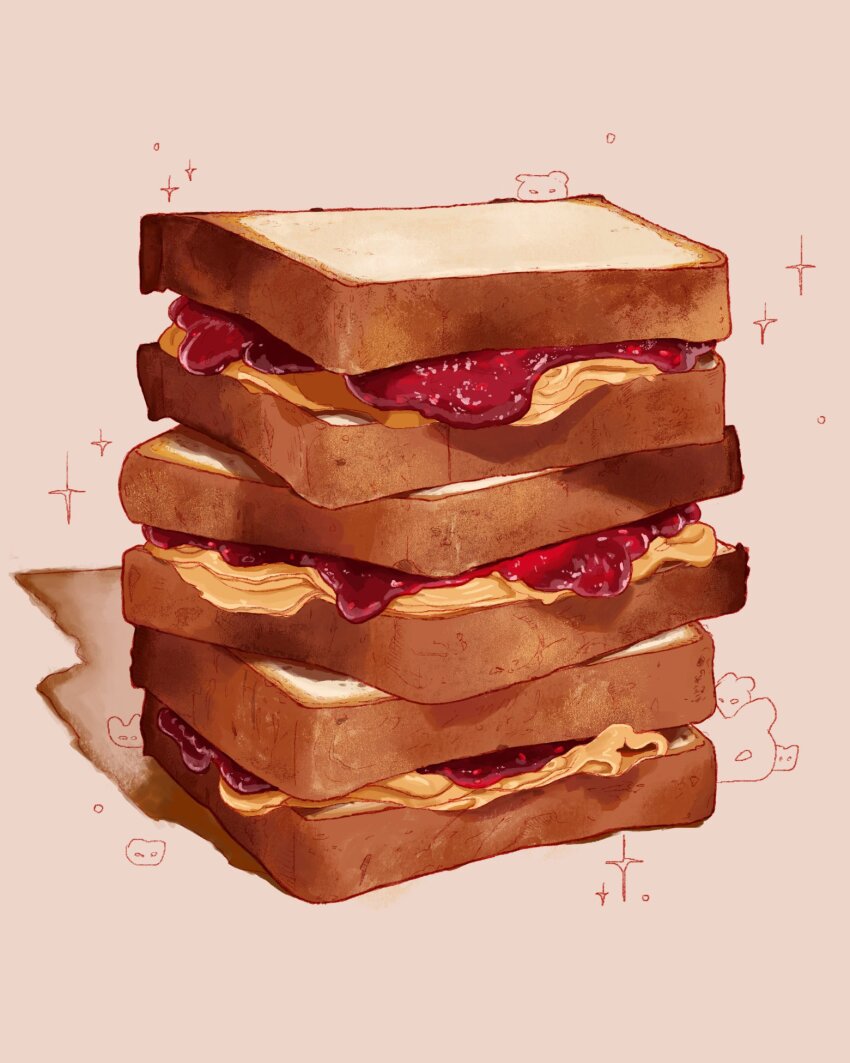 bread, commentary, english_commentary, food, food_focus, grey_background, highres, jam, no_humans, original, peanut_butter, peanut_butter_and_jelly_sandwich, rokktober, sandwich