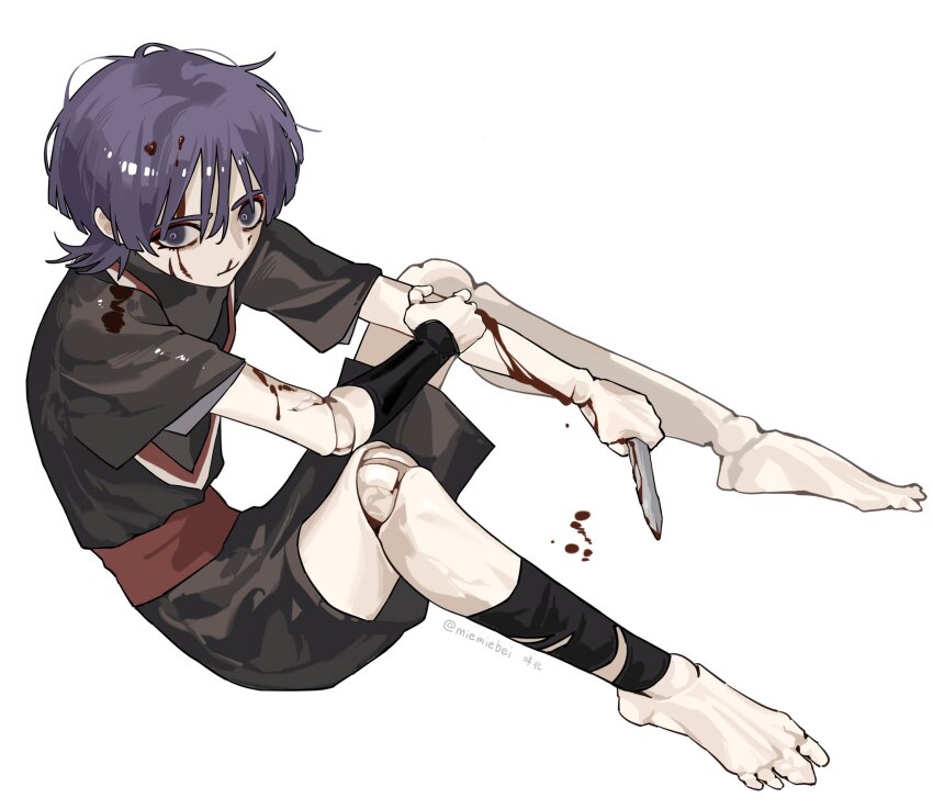 1boy, barefoot, black_kimono, black_shorts, black_sleeves, blood, blood_drip, blood_drop
