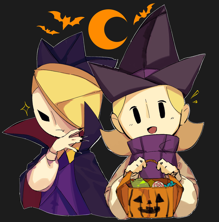 1boy, 1girl, bat_(animal), black_background, black_cape, black_crown, black_eyes, black_hat