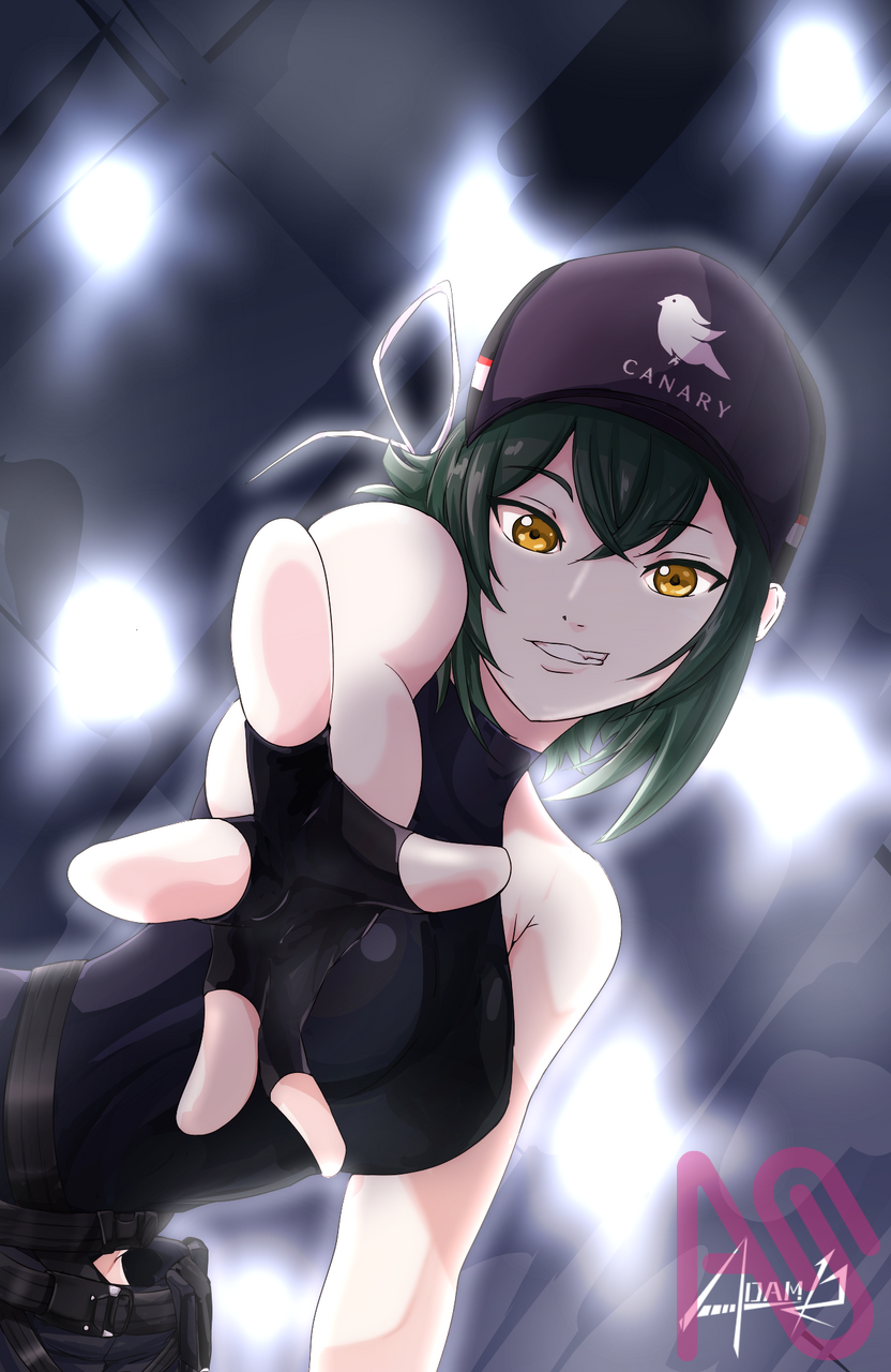 adamrg, bare_shoulders, counter:side, fingerless_gloves, gloves, green_hair, highres, laika_(counter:side)