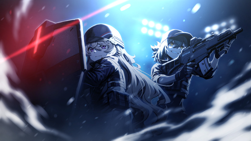 assault_rifle, blonde_hair, counter:side, felicette_(counter:side), green_hair, gun, highres, laika_(counter:side)