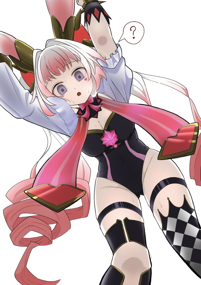 1girl, ?, animal_ears, arms_up, asymmetrical_clothes, asymmetrical_legwear, black_leotard, bow