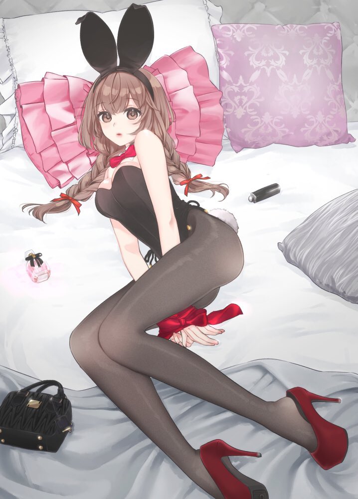 1girl, alternate_costume, animal_ear_hairband, animal_ears, bag, black_leotard, black_pantyhose, bottle