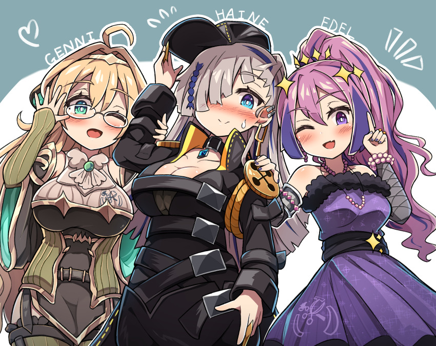 3girls, absurdres, ahoge, black_hat, blonde_hair, blush, breasts, character_name