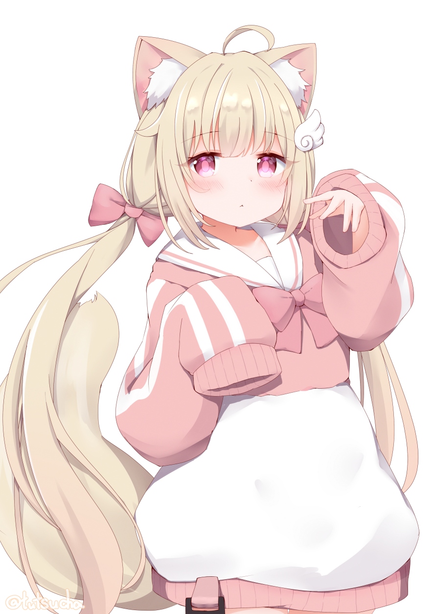 1girl, ahoge, animal_ear_fluff, animal_ears, blonde_hair, blush, bow, bowtie