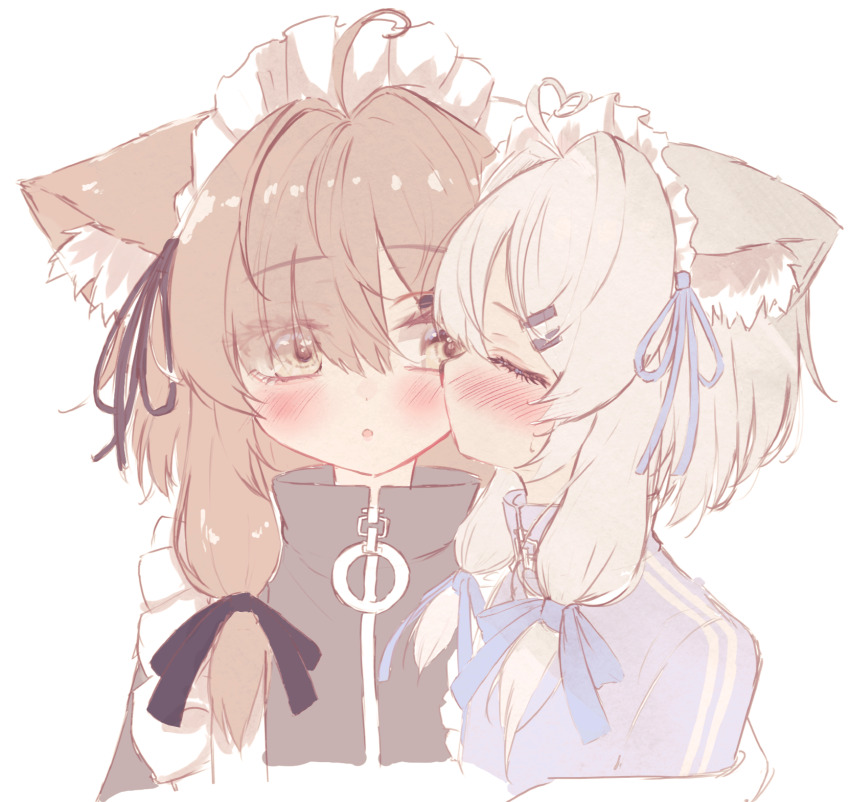 2girls, :o, ahoge, animal_ear_fluff, animal_ears, apron, ashiyu0330, black_jacket