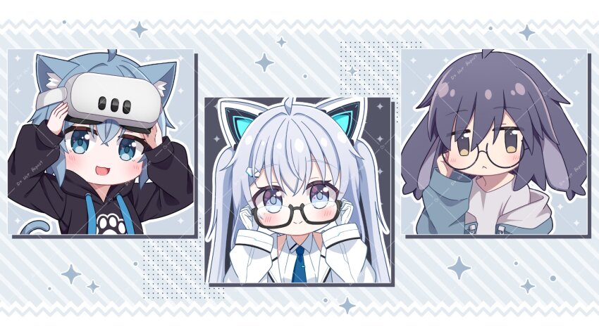 3girls, :3, :d, adjusting_eyewear, ahoge, animal_ear_fluff, animal_ear_headphones, animal_ears, arms_up, black-framed_eyewear, black_hair, black_hoodie, black_jacket, blue_eyes, blue_hair, blue_hoodie, blue_jacket, blue_necktie, blush, brown_eyes, cat_ears, cat_girl, cat_hair_ornament, cat_tail, chibi, closed_mouth, collared_shirt, drawstring, fake_animal_ears, glasses, gloves, grey_hair, grey_shirt, hair_between_eyes, hair_ornament, hands_on_own_head, hands_up, head-mounted_display, headgear, headphones, highres, hood, hood_down, hooded_jacket, hoodie, jacket, long_hair, long_sleeves, looking_at_viewer, multiple_girls, necktie, off_shoulder, open_clothes, open_jacket, open_mouth, puffy_long_sleeves, puffy_sleeves, purple_hair, rabbit_ears, rabbit_hair_ornament, rusk_(komado_booth), sapphy_(vrchat), semi-rimless_eyewear, shirt, sleeveless, sleeveless_shirt, sleeves_past_wrists, smile, striped_background, tail, twintails, two_side_up, under-rim_eyewear, upper_body, usasaki_(vrchat), very_long_hair, vrchat, white_gloves, white_hoodie, white_jacket, white_shirt, yukino_(weem4554)