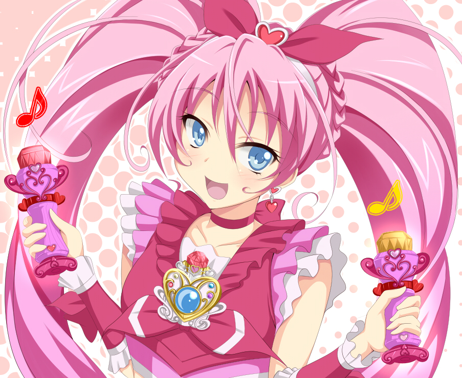 10s, 1girl, bad_id, bad_pixiv_id, blue_eyes, bow, cure_melody, earrings, eyelashes, female_focus, heart, houjou_hibiki, jewelry, long_hair, magical_girl, miracle_belltier, musical_note, open_mouth, pink_bow, pink_hair, precure, solo, suite_precure, twintails, violetshit